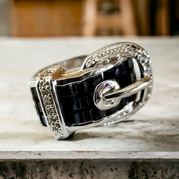 Jewelry - NWT Silver Tone and Black Crystal Rhinestone Belt Buckle Ring SZ 8